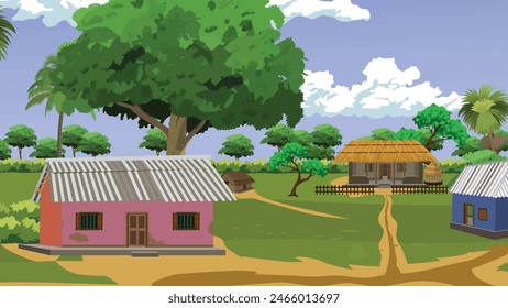 Village road landscape. Asian rural house. Indian village road background with hut and cottage