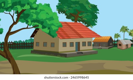 Village road landscape for cartoon. Indian cottage house. Asian hut beside road