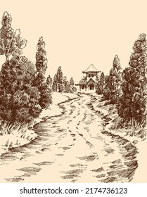 Village road or park alley, farm building in the background