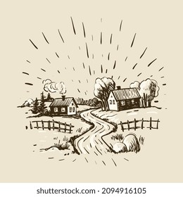 Village with a road in sketch style. Rural natural landscape. Vector illustration.