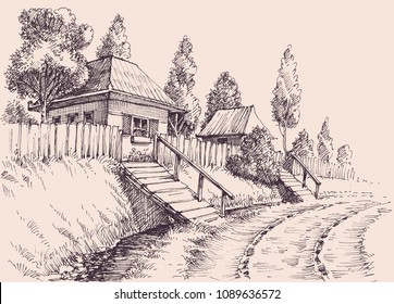 Village road, small old houses sketch wallpaper