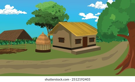 
Village road vector.Rural village clay hut with roof made with straw. 2d cartoon background illustration