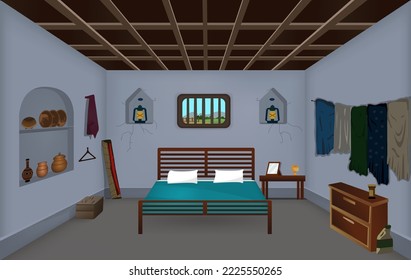 Village room inside cartoon background vector, Poor house room interior vector illustrations.