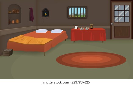 Village room inside cartoon background vector artwork poor room interior illustration.