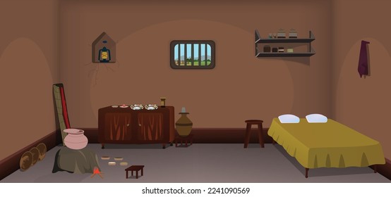 Village room inside cartoon background vector, poor room interior illustration.