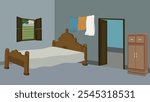 Village room inside design vector artwork.Rural poor room interior illustration with wooden door,window,bed,almirah