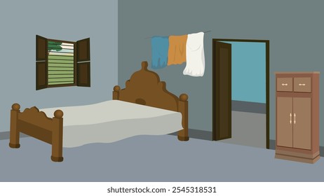 Village room inside design vector artwork.Rural poor room interior illustration with wooden door,window,bed,almirah