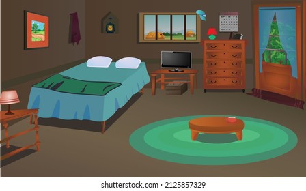 Village Room inside interior with cozy bed, furniture etc, vector illustration cartoon background. 