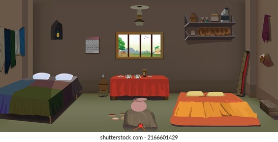 Habitación de pueblo dentro de ilustraciones de arte vectorial, ilustraciones de vectores interiores de habitación pobre.