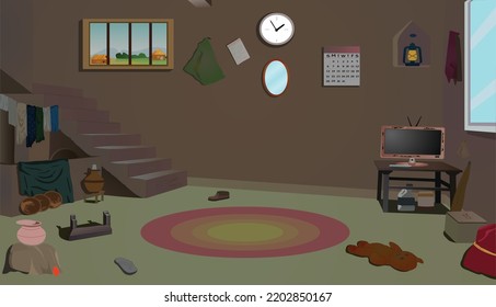 Village room inside vector artwork illustration, Poor house room interior vector illustrations.