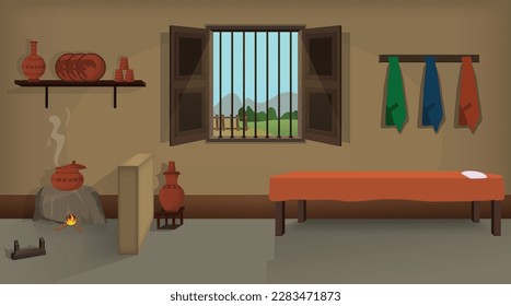 Village room inside vector, poor mud house room interior cartoon background illustrations.