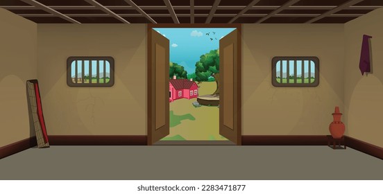 Village room inside vector, poor mud house room interior cartoon background illustrations.