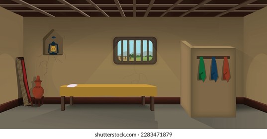 Habitación de pueblo dentro del vector, pobre habitación de barro interior ilustraciones de fondo de dibujos animados.