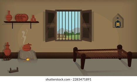 Village room inside vector, poor mud house room interior cartoon background illustrations.