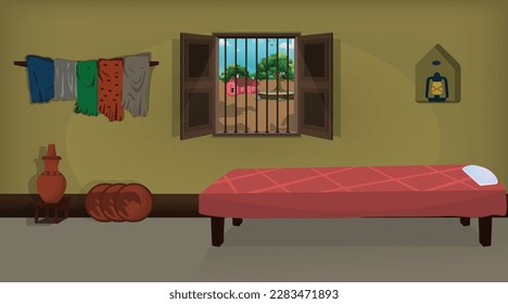 Village room inside vector, poor mud house room interior cartoon background illustrations.