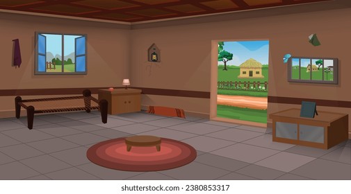 Habitación de pueblo dentro del vector, interior de habitación pobre, ilustración vectorial de la vieja cabaña