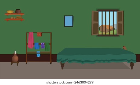 Village room inside vector, poor mud house room interior cartoon background illustration