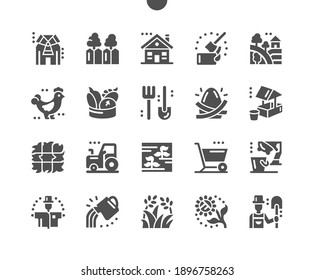 Village. Rural landscape. Vegetables from the garden. Tractor, cart, shovel and pitchfork. Chicken egg and fresh milk. Vector Solid Icons. Simple Pictogram