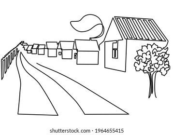 A village with a rural road and residential buildings. Smoke from a chimney, a wooden fence along the road. Ancient countryside, outback in the loft style. Freehand drawing with a continuous line