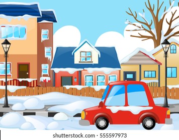 Village scene with car and houses under snow illustration