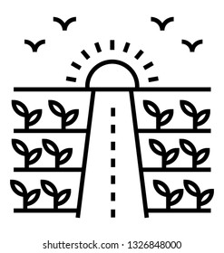 Village scene, fields landscape line icon 
