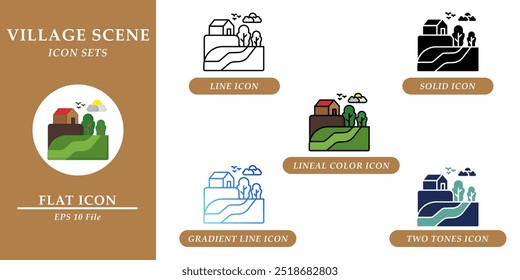 Village scene icons sets. Nature environment concept. Various style icons on isolated background for web design, symbol, sign, presentation, and infographics. EPS 10. 
