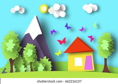 Village Scene Paper World. Rural Life with Cut Butterflies, House, Tree, Cloud, Sun. Colorful Crafted Countryside. Summer Landscape. Cutout Applique. Hanging Elements. Vector Illustrations Art Design.