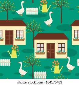 Village scene seamless pattern. 