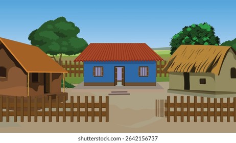Village Scene with Thatched Hut, Clay House, Blue Rural Home, Wooden Fence, Trees, Countryside Landscape, Cartoon Village Art, Indian Rural Background, Farming Illustration, Traditional Eco Housing

