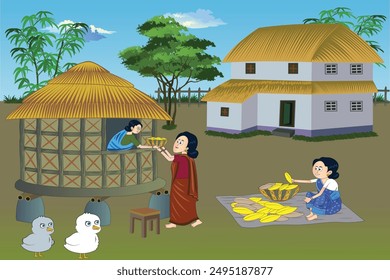 In the village scene, the women work in the backyard, picking up the field's rice. Vector illustration of Indian village house