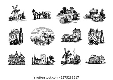 Village scenery. Mills, fields and vineyards. Hand drawn ink sketches. Vintage style. svg