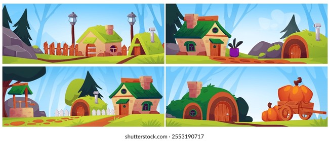 Escenas del pueblo. Ilustración vectorial de un conjunto de cabañas con chimenea, ventanas y puertas, rodeadas de árboles, un pozo, una valla bajo un cielo soleado.
