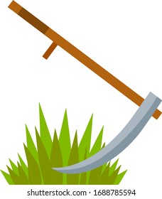 Village scythe. Wooden tool with blade. Process of Mowing the green grass. Symbol of rural harvest. Preparing food for animal. Cartoon flat illustration