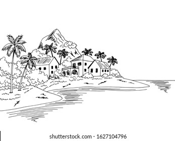 Village sea graphic black white bay landscape sketch illustration vector