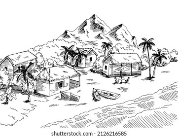 Village sea graphic black white bay landscape sketch illustration vector 