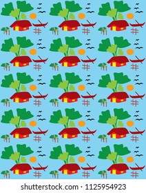 Village seamless pattern with blue background