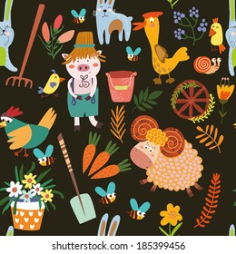 Village seamless pattern with a lot of elements:  plants,pig, duck, sheep, rabbit, bees and other.Seamless pattern can be used for wallpapers, pattern fills, web page backgrounds, surface textures.