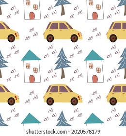 Village seamless pattern vector design, nature pattern with car, tree, and house elements. Good for fabric fashion pattern, wallpaper, backdrop, wrapping paper.