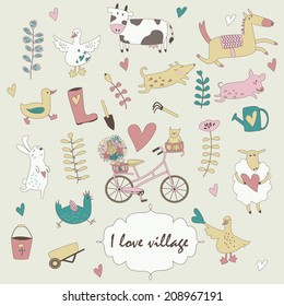 Village set with cute farm animals, bicycle, flowers and garden tools in cartoon style