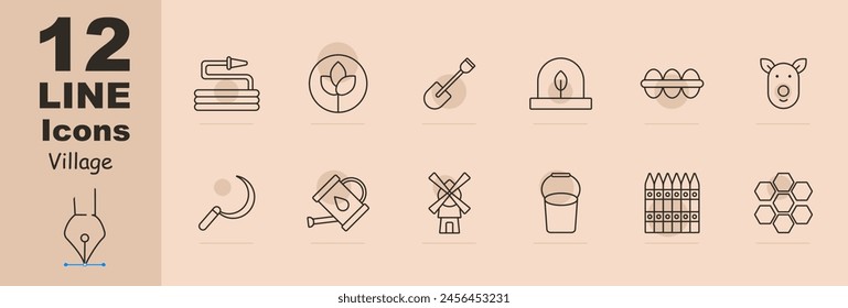 Village set icon. Hose, nature, sprout, spatula, dome, souvenir, eggs, nature conservation, pig, watering can, water, aqua, mill, bucket, fence, honeycomb, bees, honey. Countryside concept.