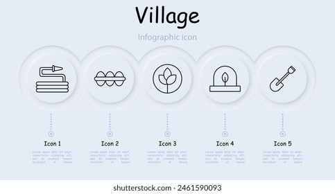 Village set icon. Hose, nature, sprout, spatula, dome, souvenir, eggs, nature conservation, infographic, watering can, water, aqua, neomorphism, grain, settlement. Countryside concept.