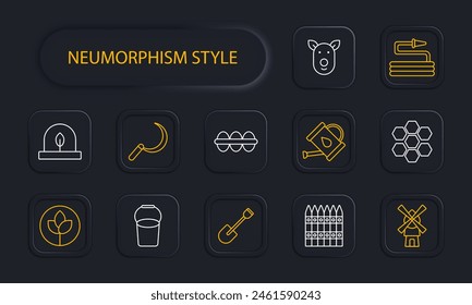 Village set icon. Hose, nature, sprout, spatula, dome, sickle, hedge, nature conservation, watering can, water, aqua, mill, bucket, fence, honeycomb, bees, honey, neomorphism. Countryside concept.