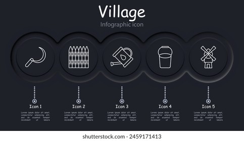 Village set icon. Nature, sprout, spatula, dome, souvenir, infographic, nature conservation, pig, watering can, water, aqua, mill, bucket, fence, honeycomb, bees, honey. Countryside concept.