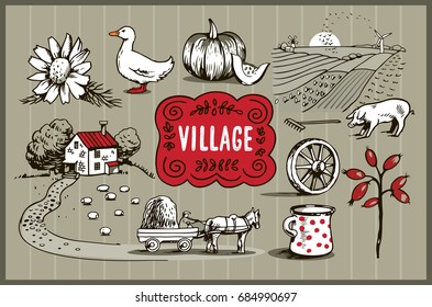 Village set with pig, goose, pumpkin, village house, plowed field, and a cart with a horse on a gray background in vector graphic images 