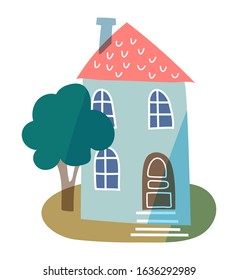 Village shop building exterior facade on white. Two-story toy store house. Commercial real estate. Tree, chimney on roof, wooden door entrance, windows. Green grass lawn. Vector illustration