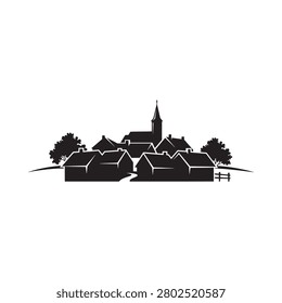 Village Silhouette Against White Background Black And White Graphic