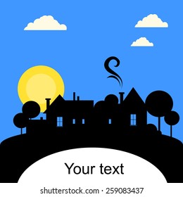 village, silhouette with sun and blue sky. Vector