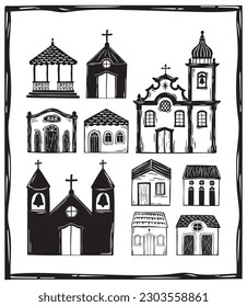 Village of simple houses and baroque churches, in the interior of Brazil, woodcut vector, in the cordel style of northeastern Brazil