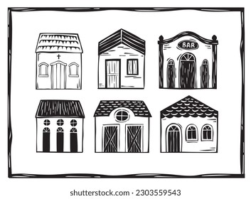 Village of simple houses in the interior of Brazil, woodcut vector, in the cordel style of northeastern Brazil