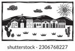 Village of simple houses and little church, sunny sky with clouds in the interior of Brazil. Vector woodcut, Cordel from the Brazilian Northeast